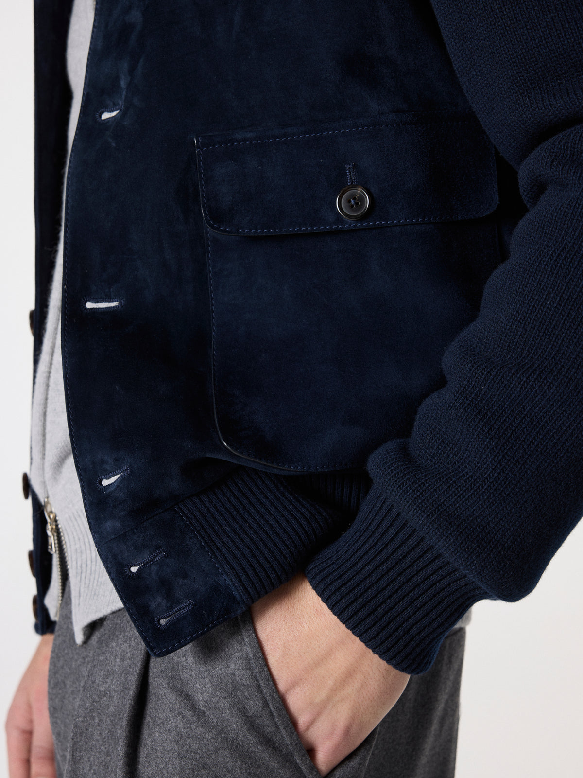 Satin Suede Bomber Jacket in Navy Blue – Hartlino, image 3