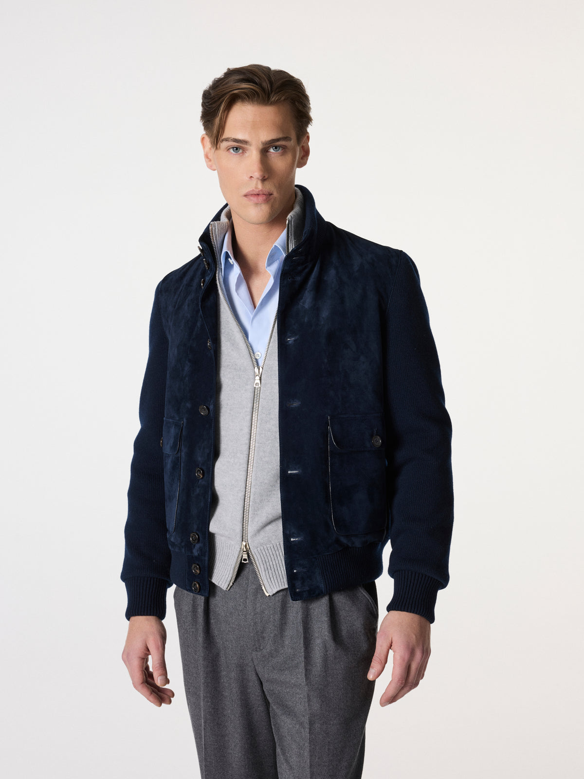 Satin Suede Bomber Jacket in Navy Blue – Hartlino