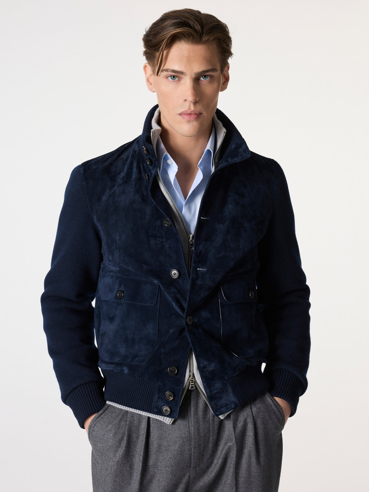 Satin Suede Bomber Jacket in Navy Blue – Hartlino, image 2