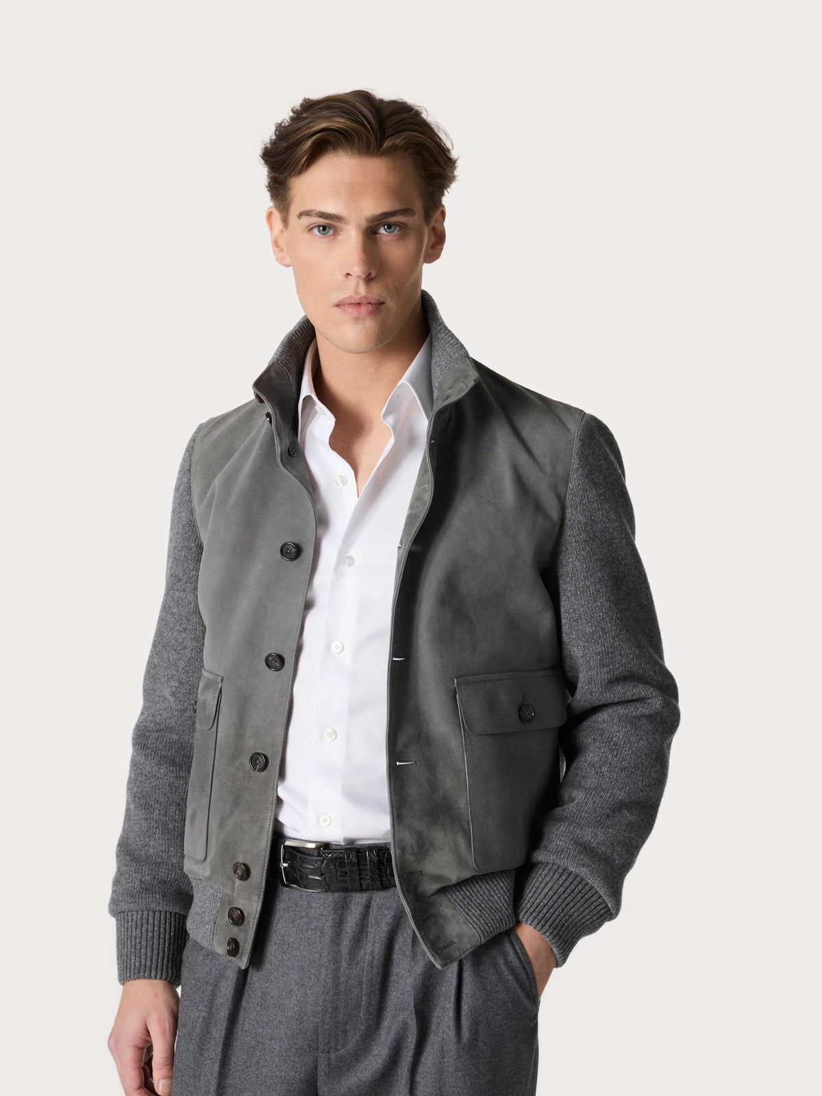 Satin Suede Bomber Jacket in Grey – Hartlino, image 2