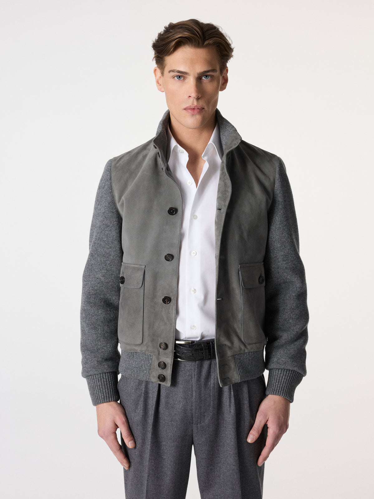 Satin Suede Bomber Jacket in Grey – Hartlino