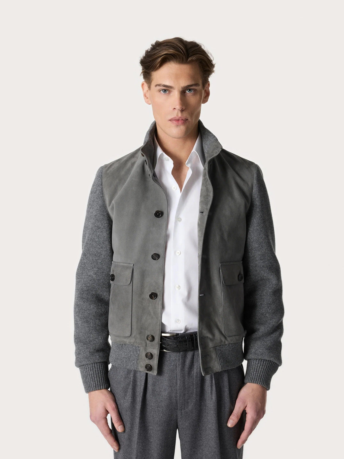 Satin Suede Bomber Jacket in Grey – Hartlino