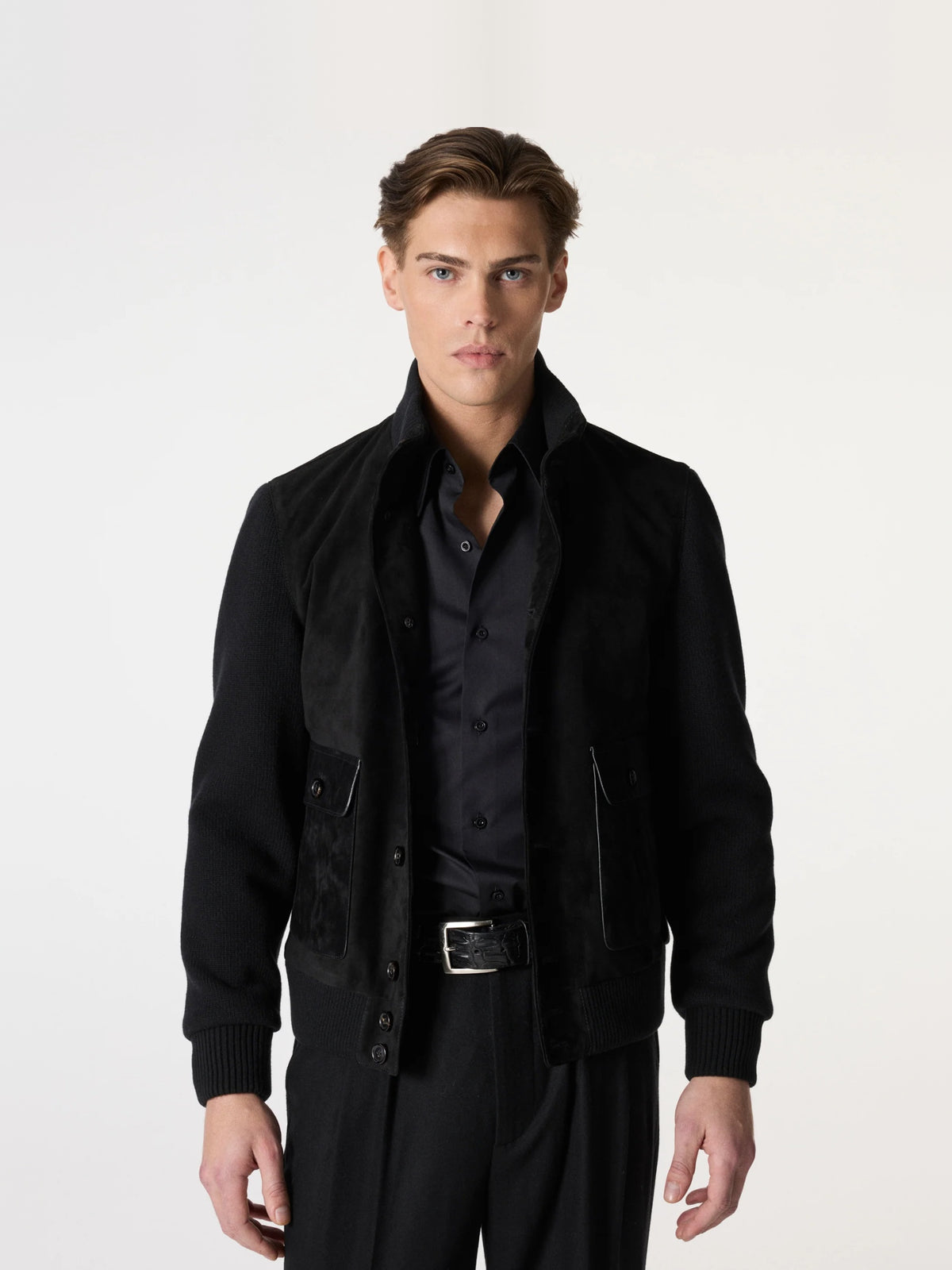 Satin Suede Bomber Jacket in Black – Hartlino