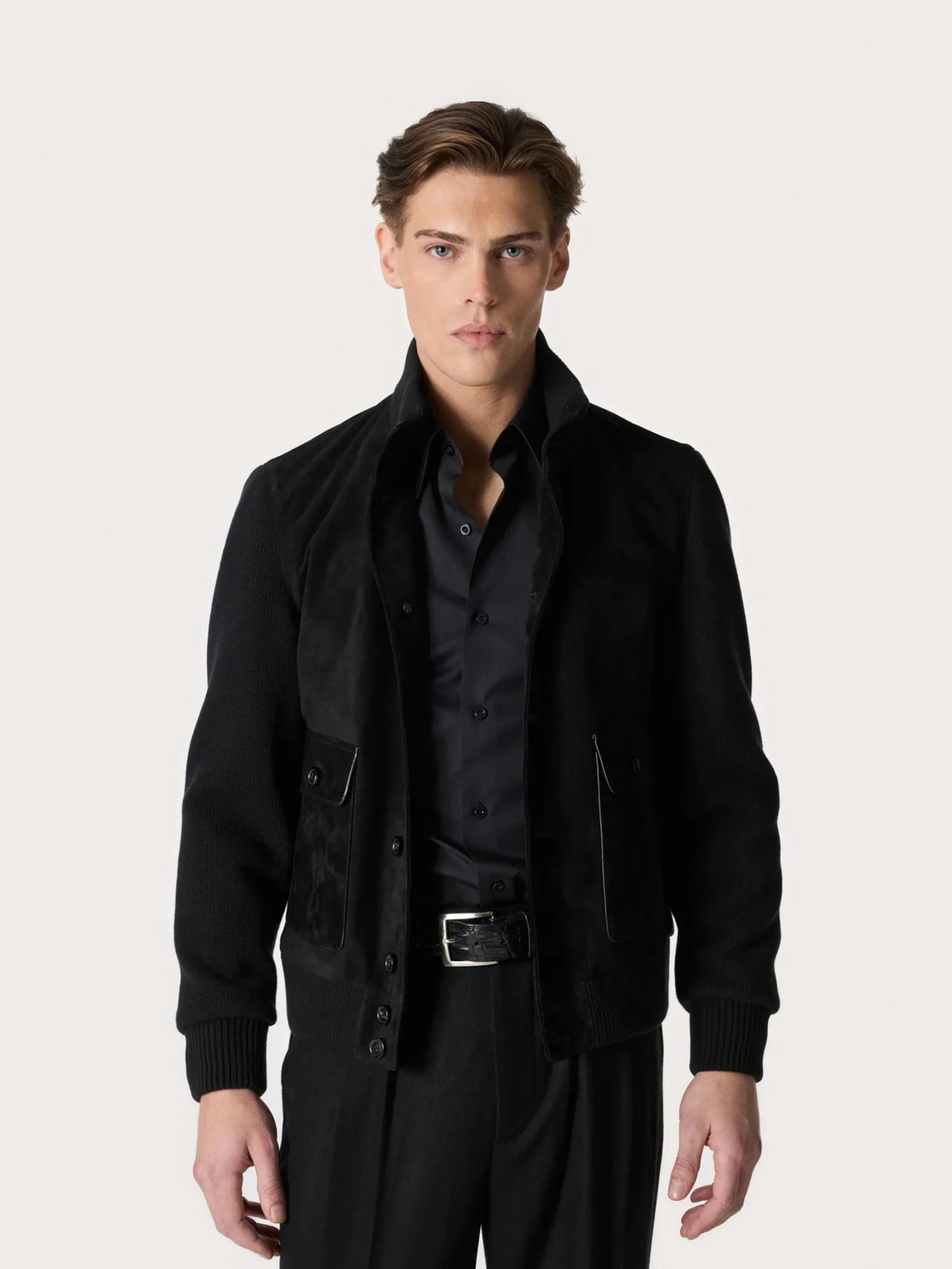 Satin Suede Bomber Jacket in Black – Hartlino