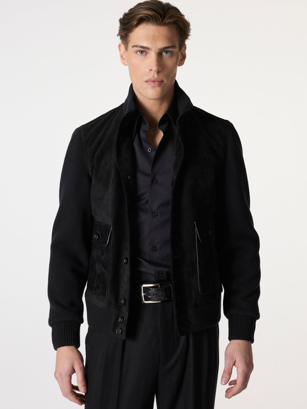 Satin Suede Bomber Jacket in Black – Hartlino