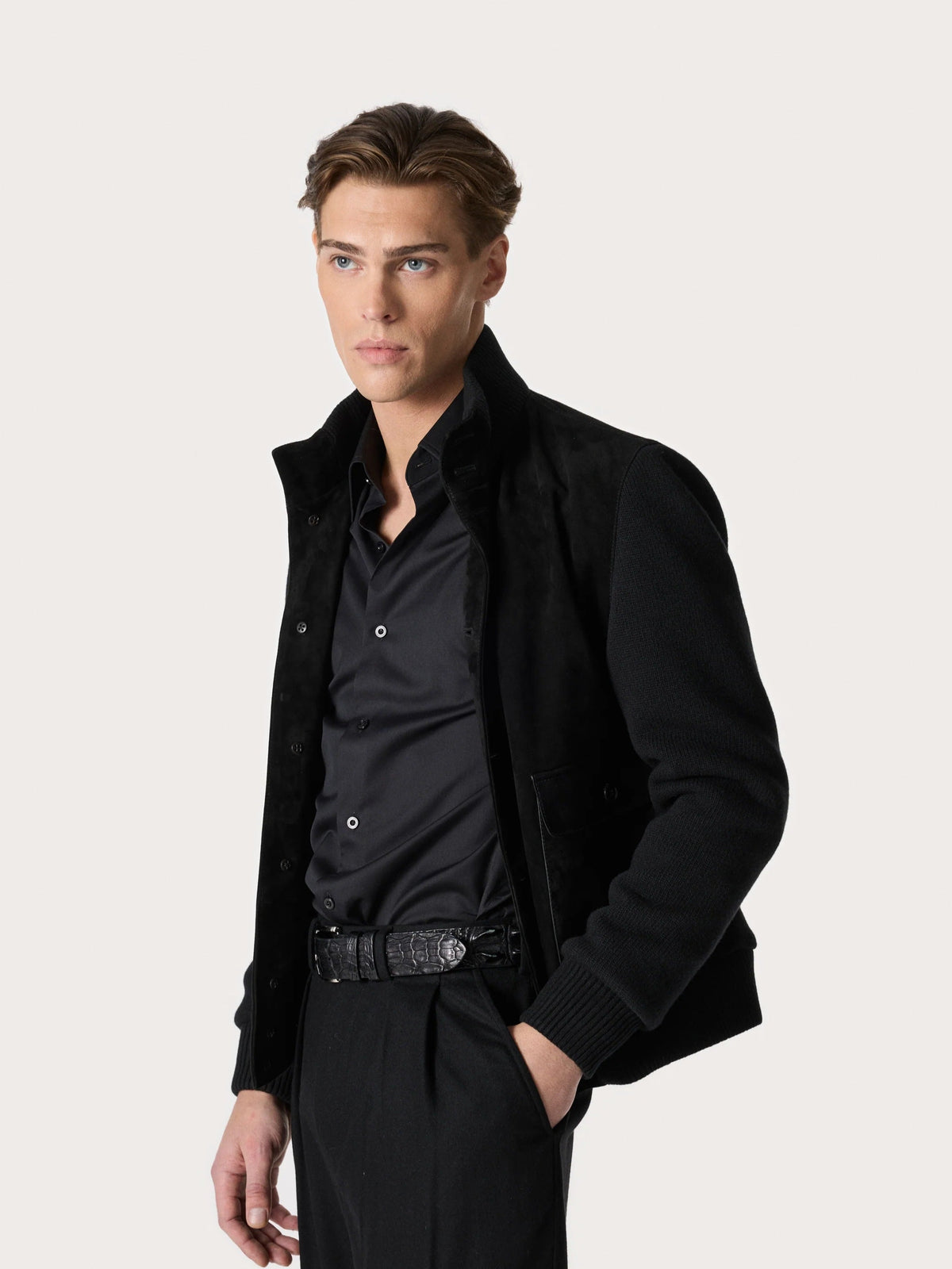 Satin Suede Bomber Jacket in Black – Hartlino, image 2
