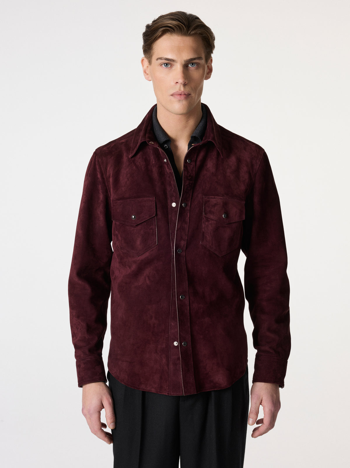 Satin Suede Overshirt in Bordeaux – Hartlino
