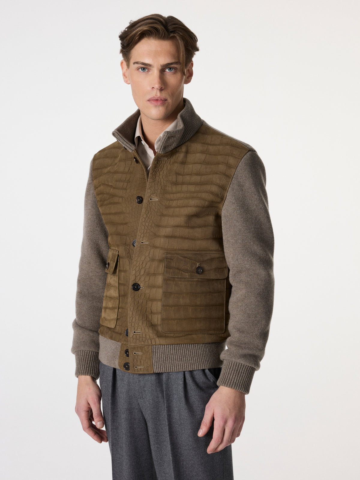 Crocodile-Embossed Bomber Jacket in Khaki Brown – Hartlino, image 2