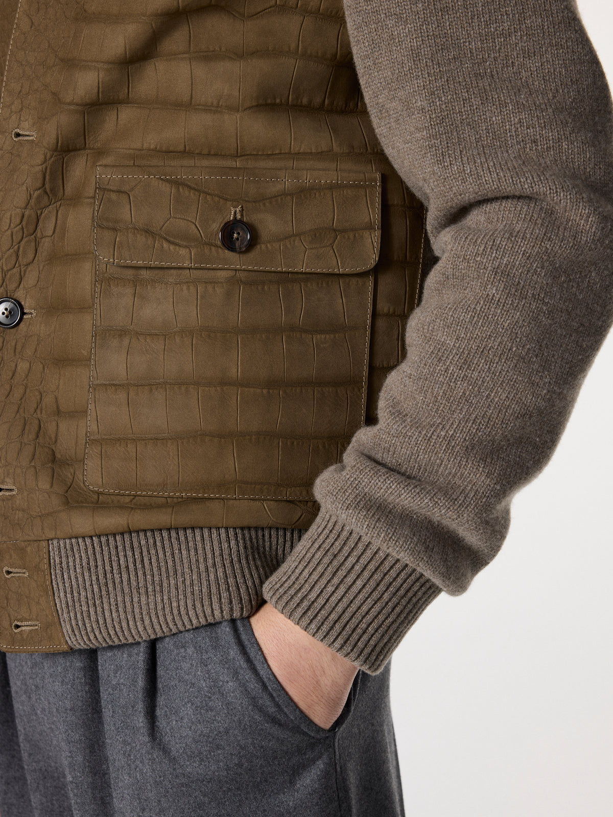 Crocodile-Embossed Bomber Jacket in Khaki Brown – Hartlino, image 4