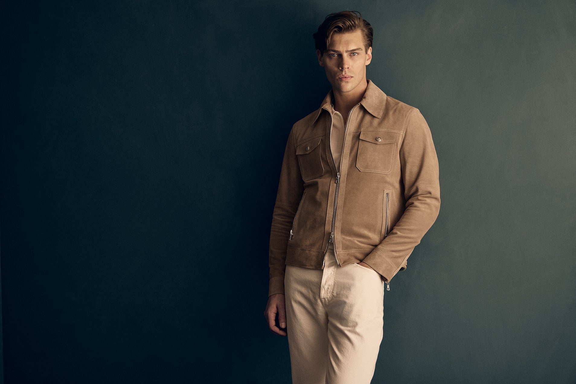 Suede Leather Jacket Brown on Model