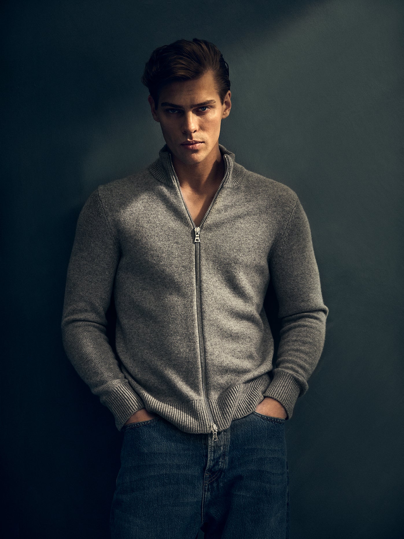 Gray Cashmere cardigan on model