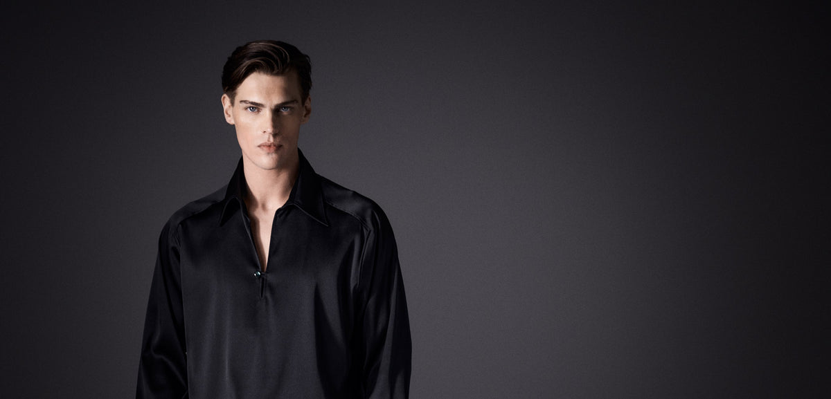 Model in a black silk shirt – Hartlino Fall / Winter 2026