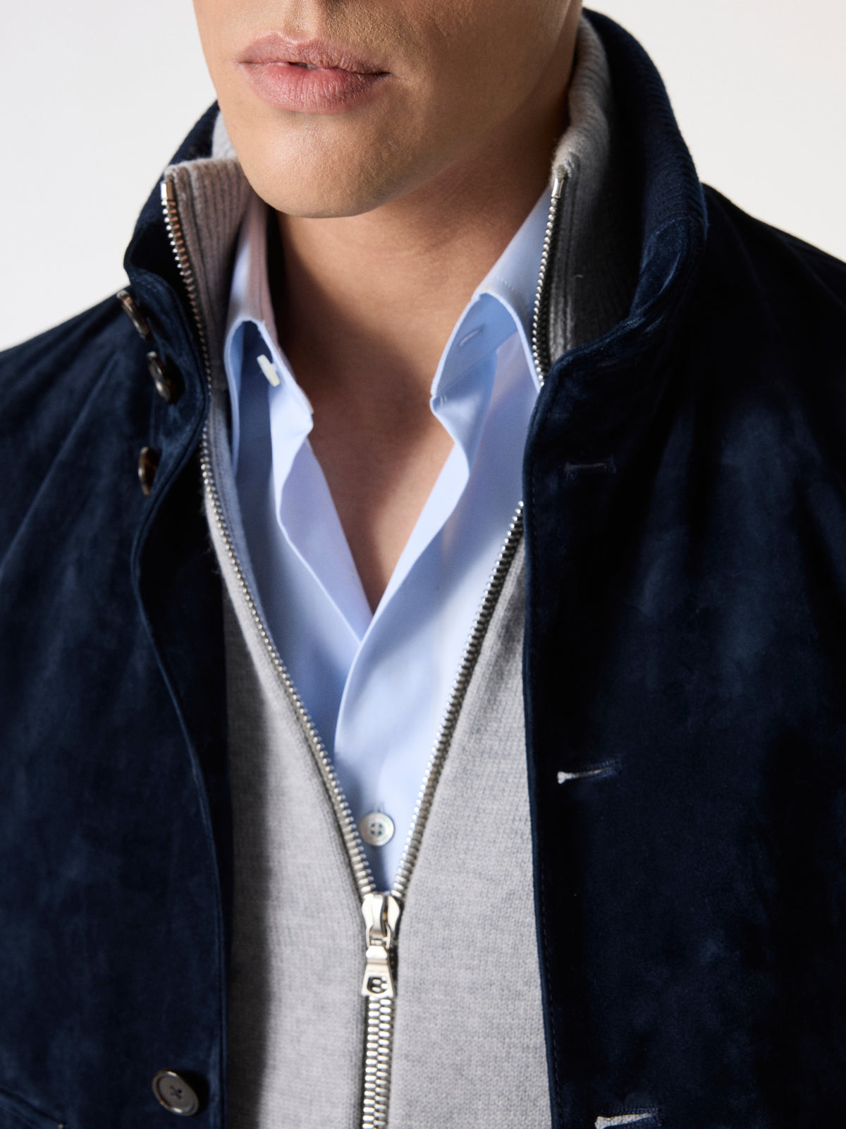 Satin Suede Bomber Jacket in Navy Blue – Hartlino, image 4