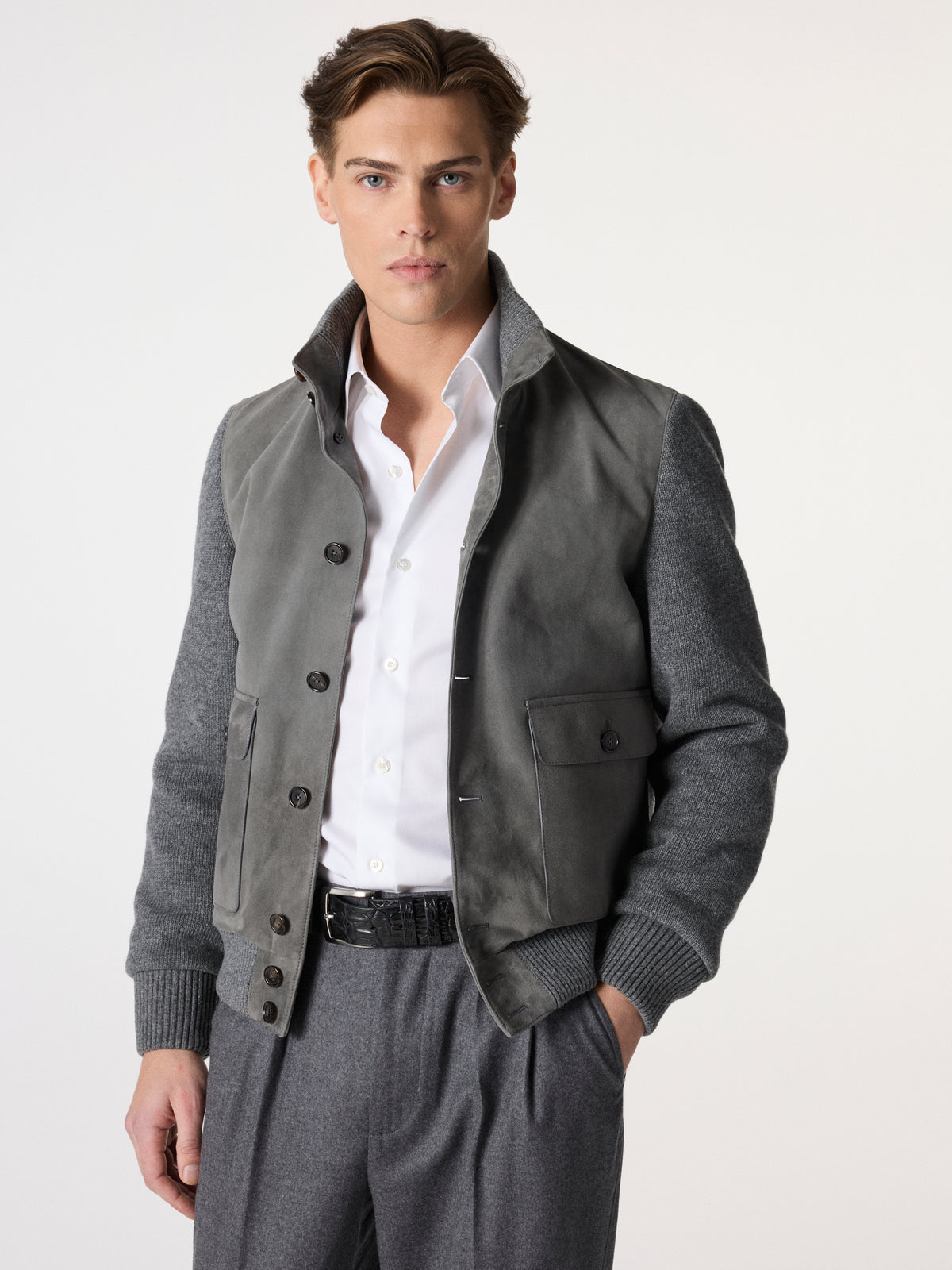 Satin Suede Bomber Jacket in Grey – Hartlino, image 2
