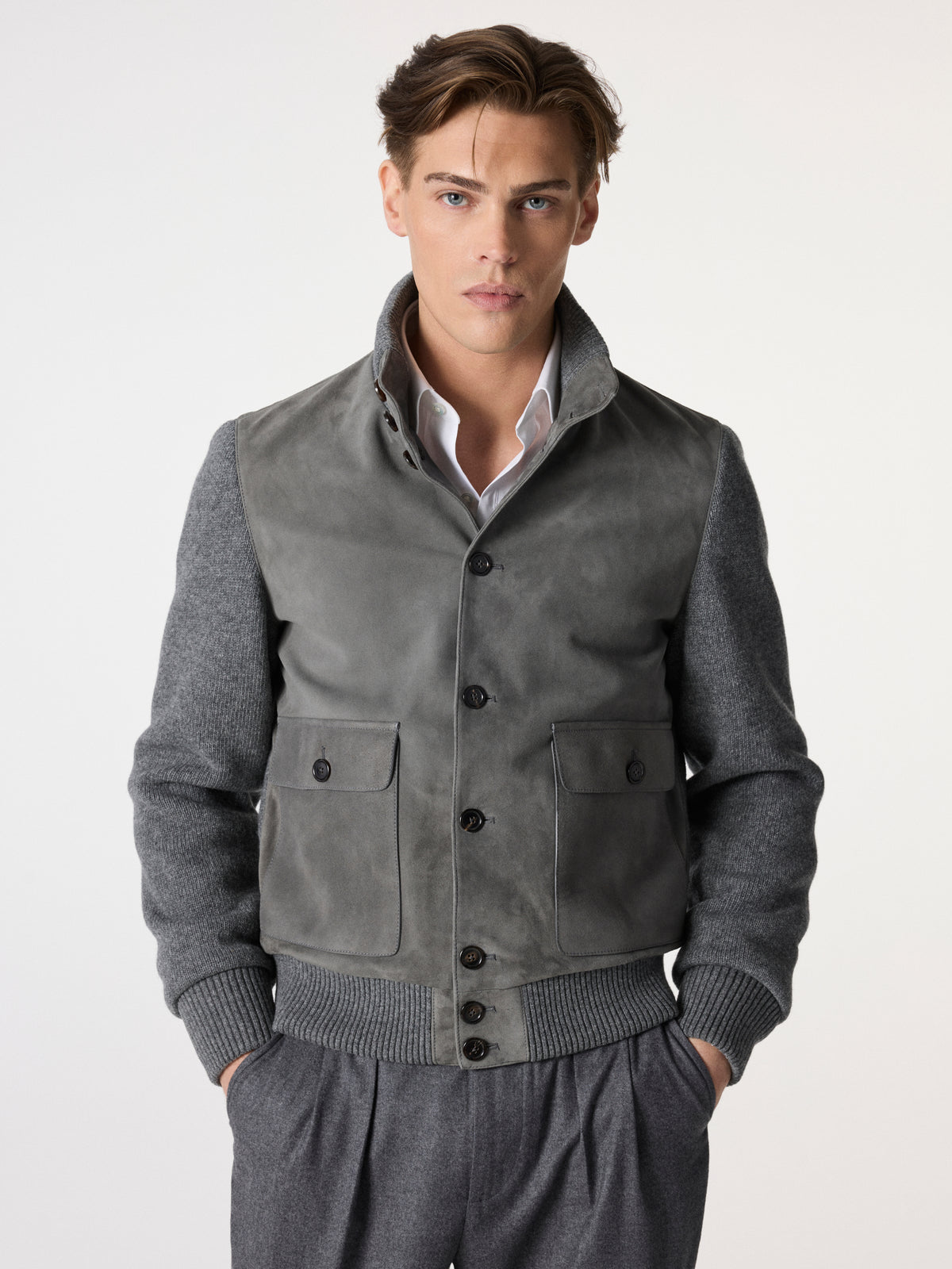 Satin Suede Bomber Jacket in Grey – Hartlino, image 3