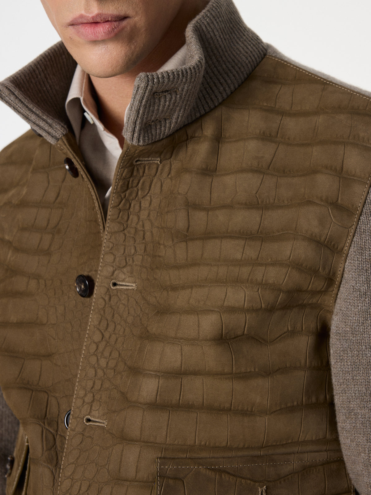 Crocodile-Embossed Bomber Jacket in Khaki Brown – Hartlino, image 3