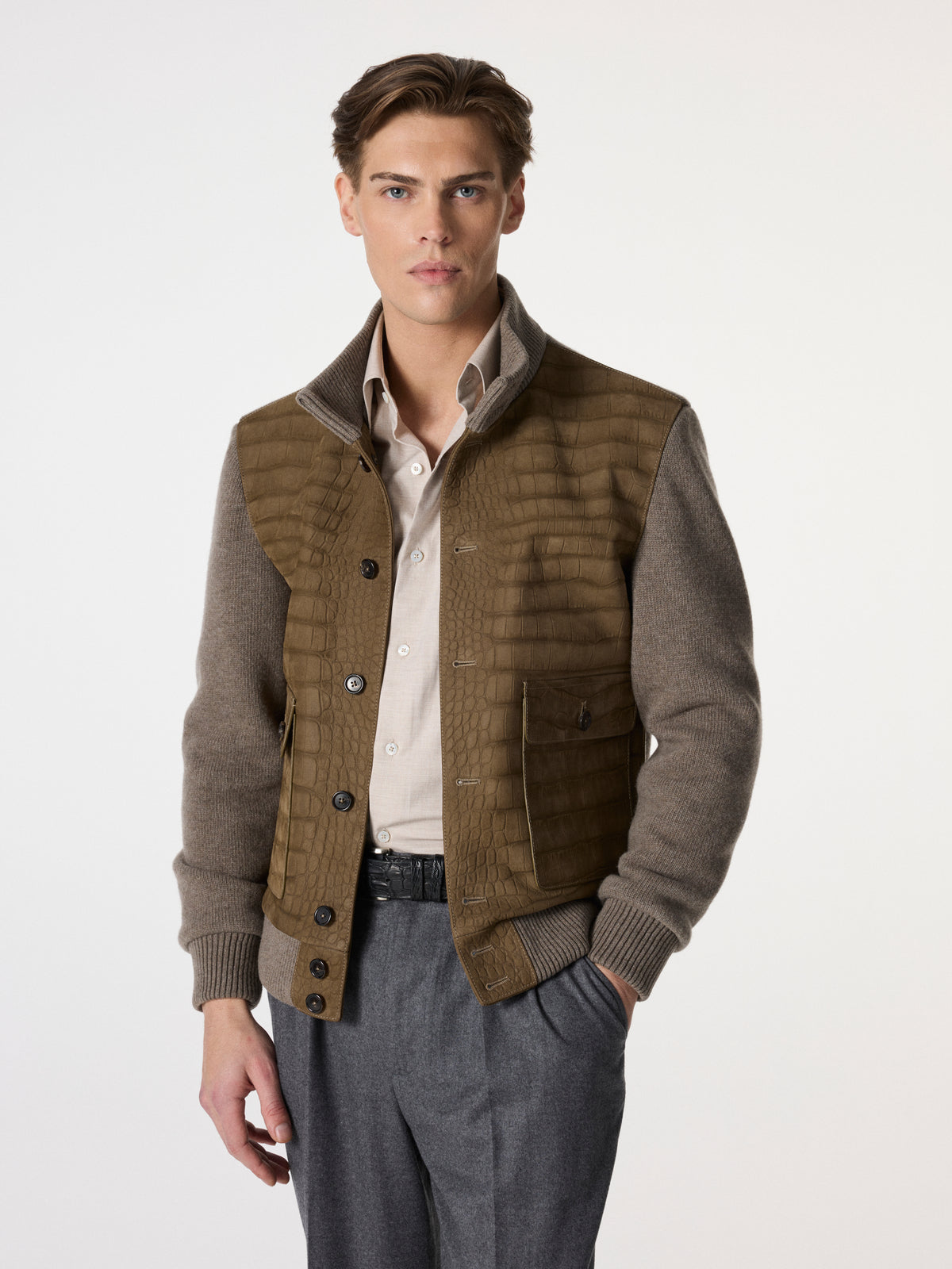 Crocodile-Embossed Bomber Jacket in Khaki Brown – Hartlino