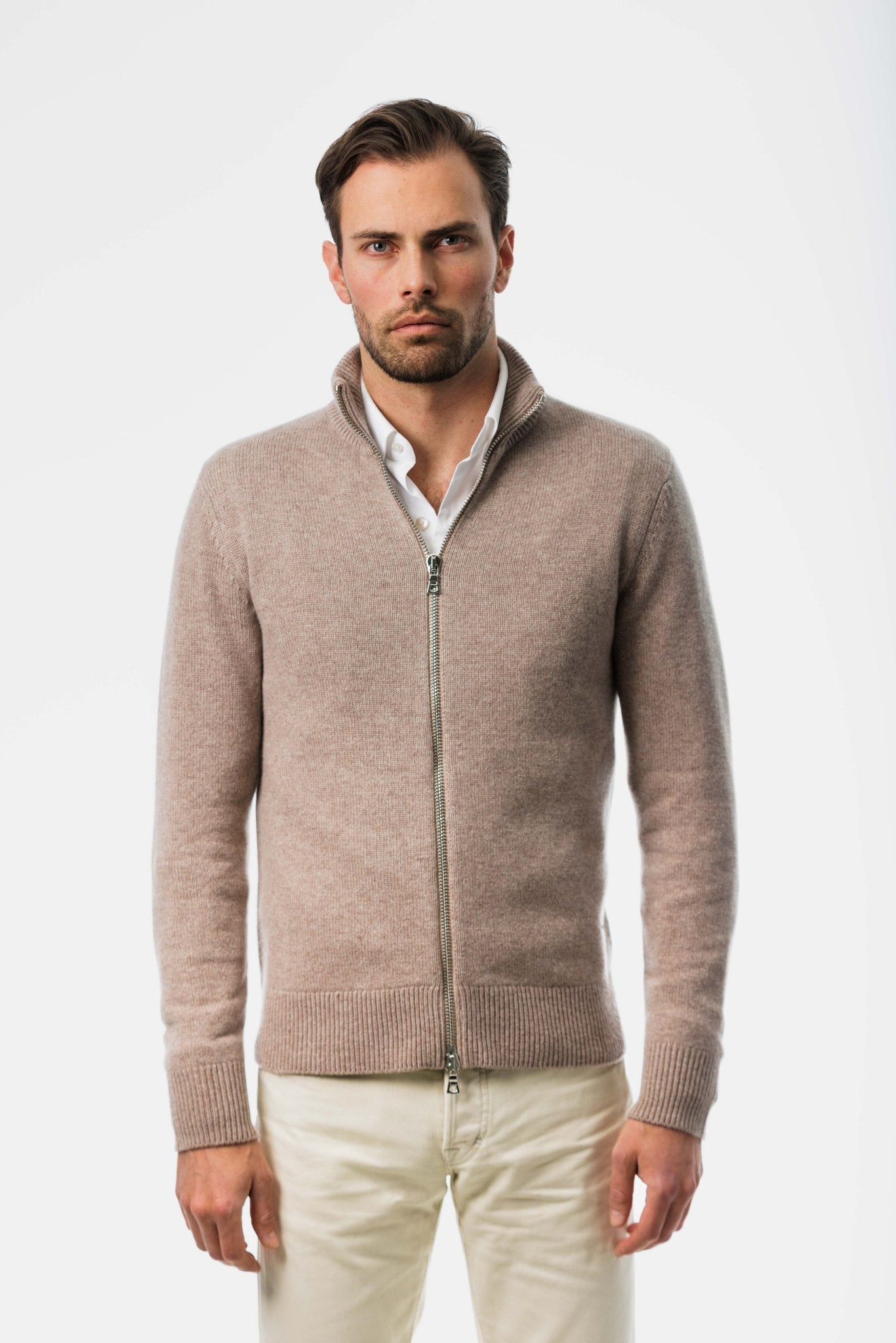 Beige Royal Cashmere Zip-Up Cardigan 