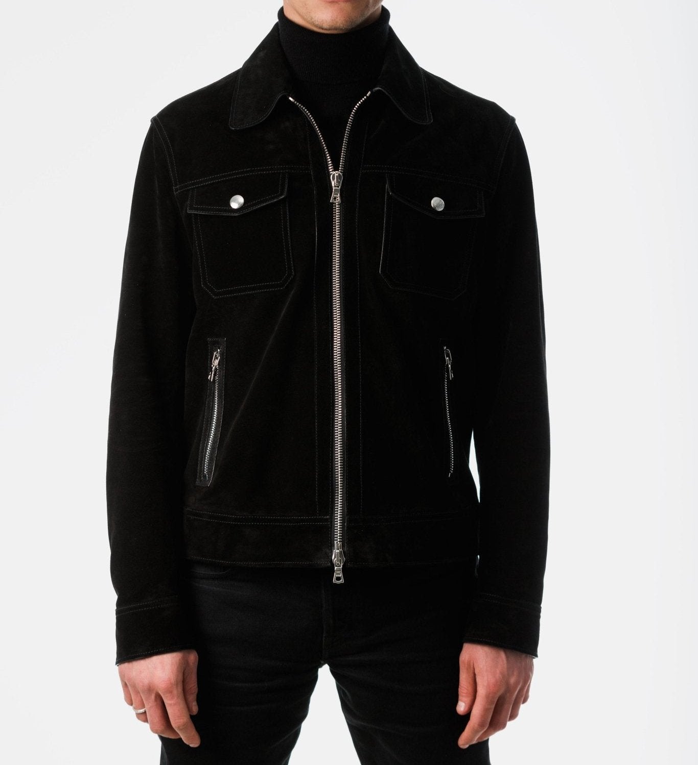 Black Suede Leather Jacket Blouson Zip-Jacket 