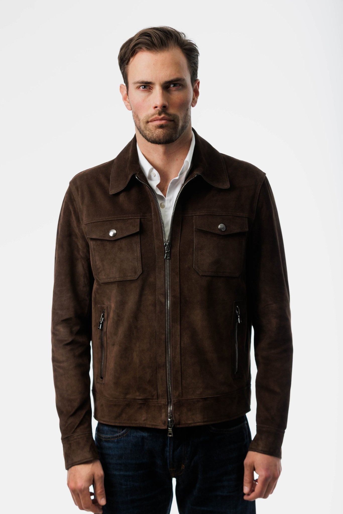 Dark Brown Suede Leather Jacket front