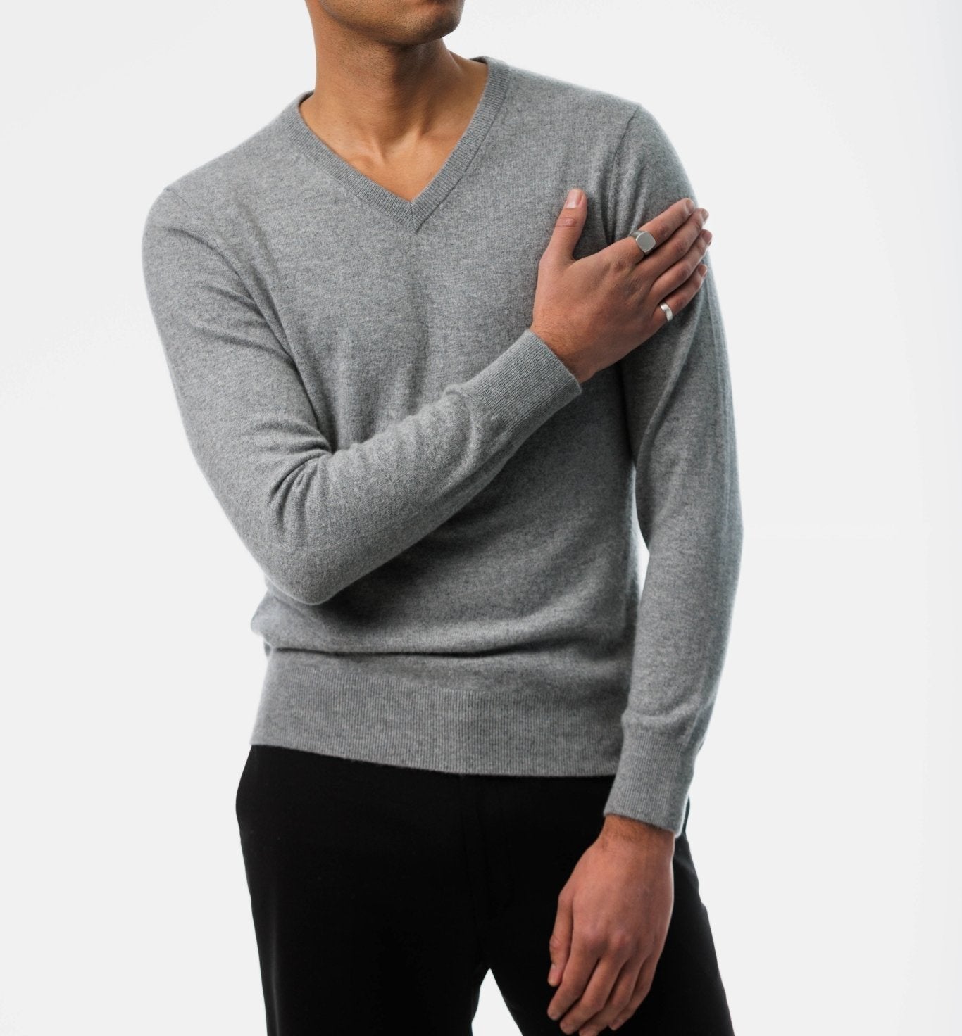 Gray Cashmere Sweater V-Neck for Men front