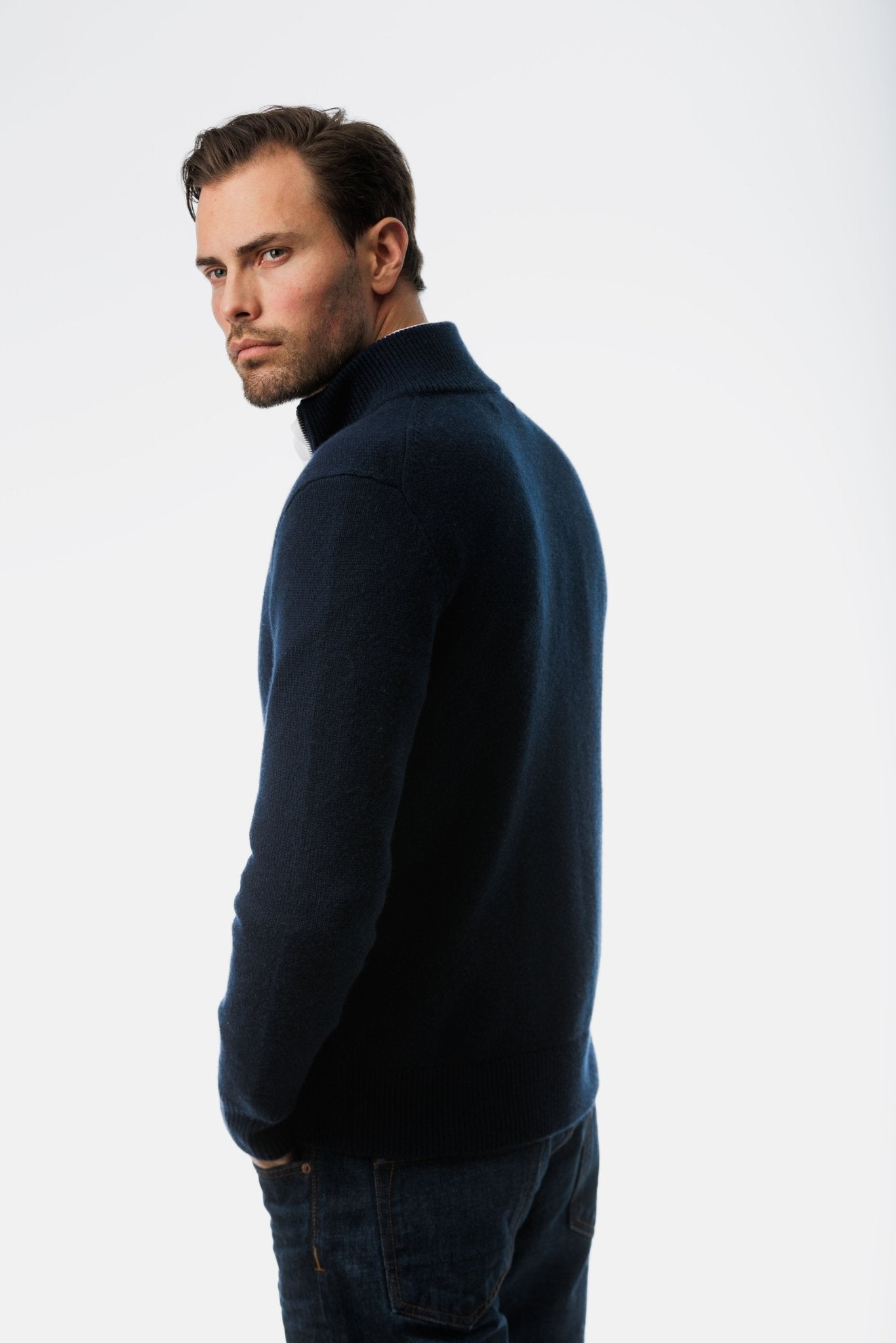 Navy Cashmere Cardigan side view