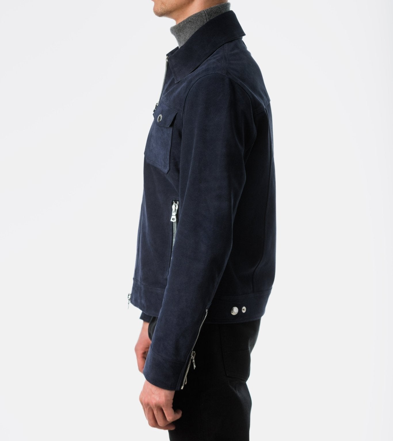 Navy Suede Leather Jacket side view