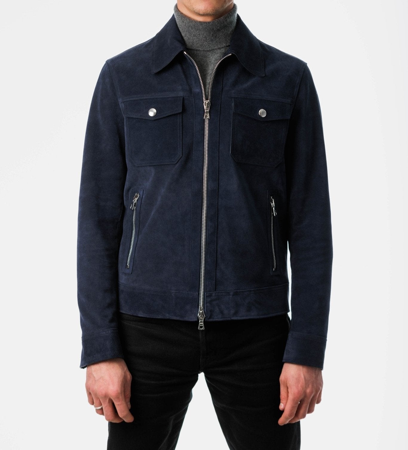 Navy Suede Leather Jacket front view