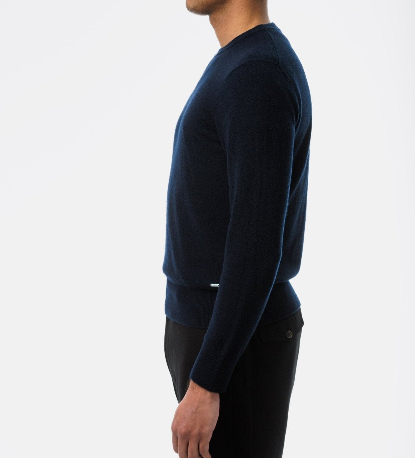 Navy Cashmere Sweater crew neck side view