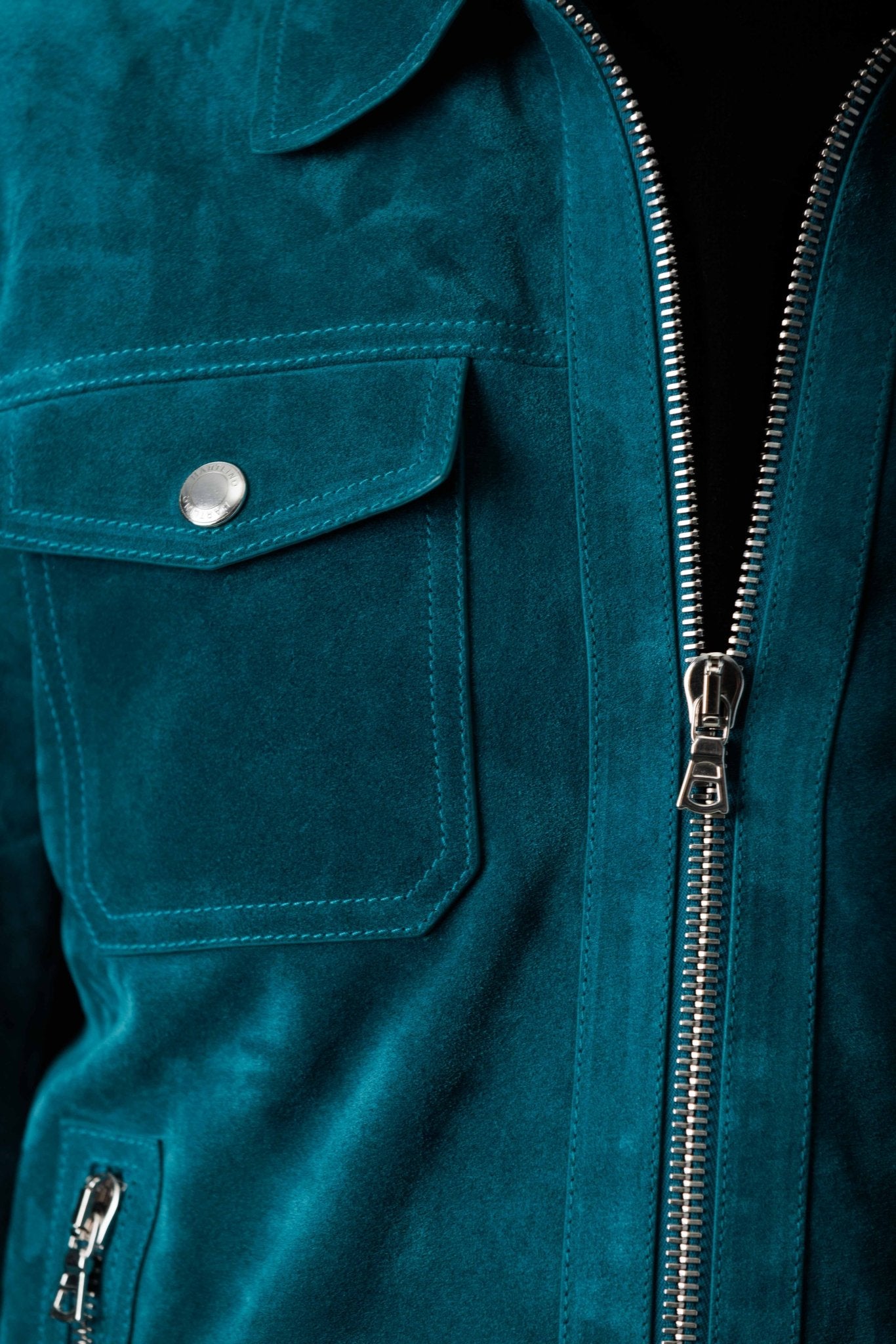 Petroleum Suede Blouson Leather Jacket pocket closeup